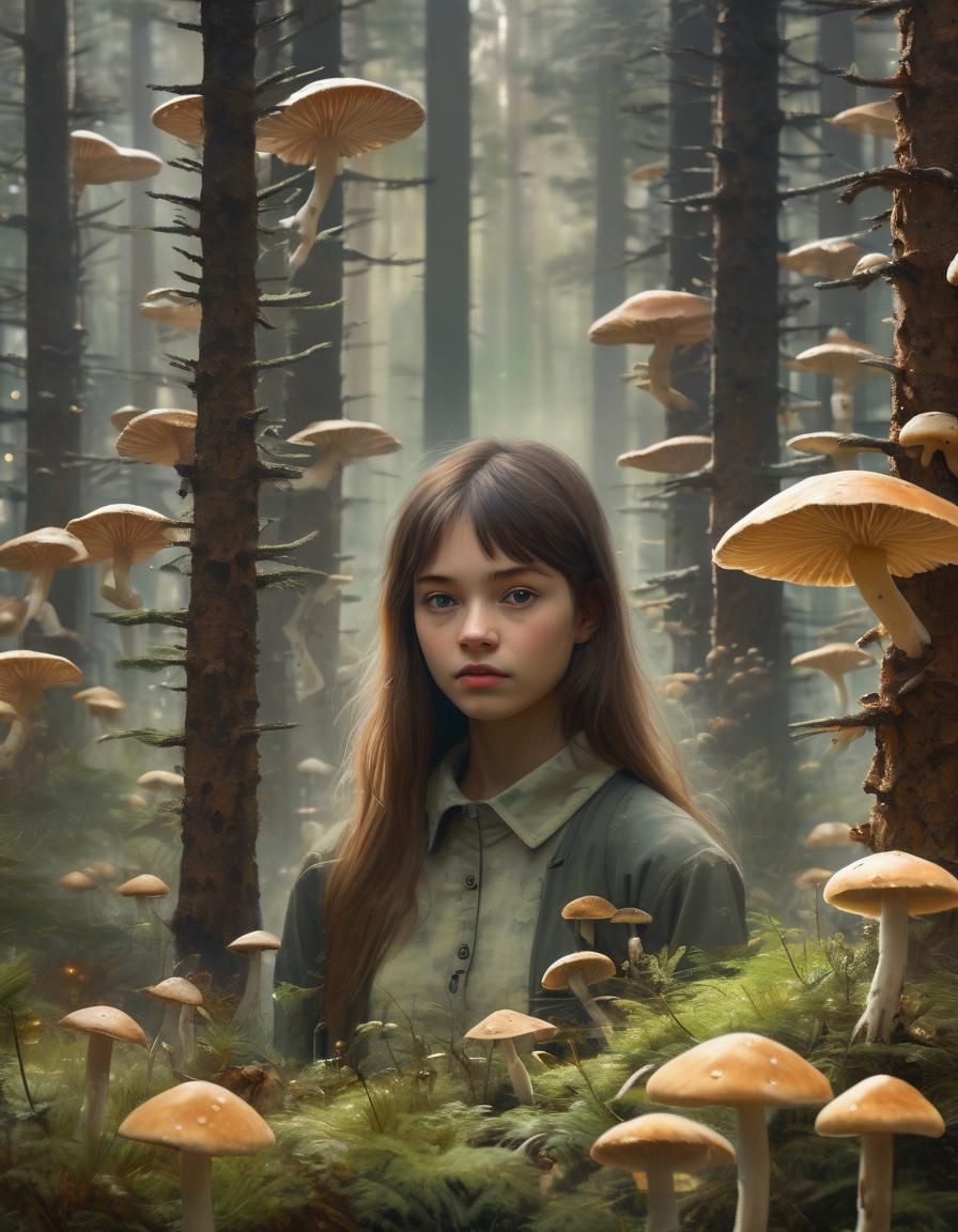 Girl in Misty Forest: Impressionist Style Painting