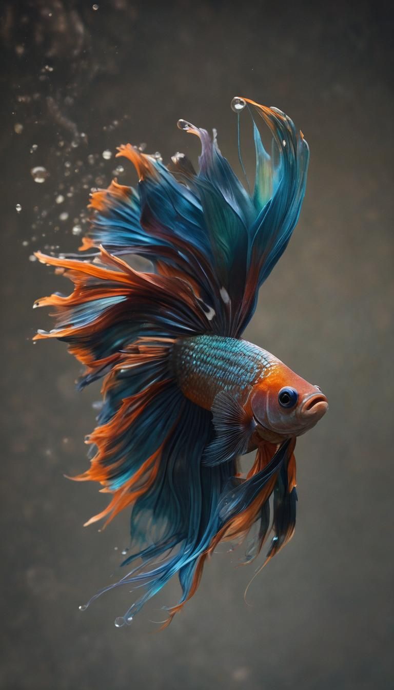 A stunning tangerine orange and turquoise Betta fish with fins made entirely of swirling colorful smoke showing Intricat...