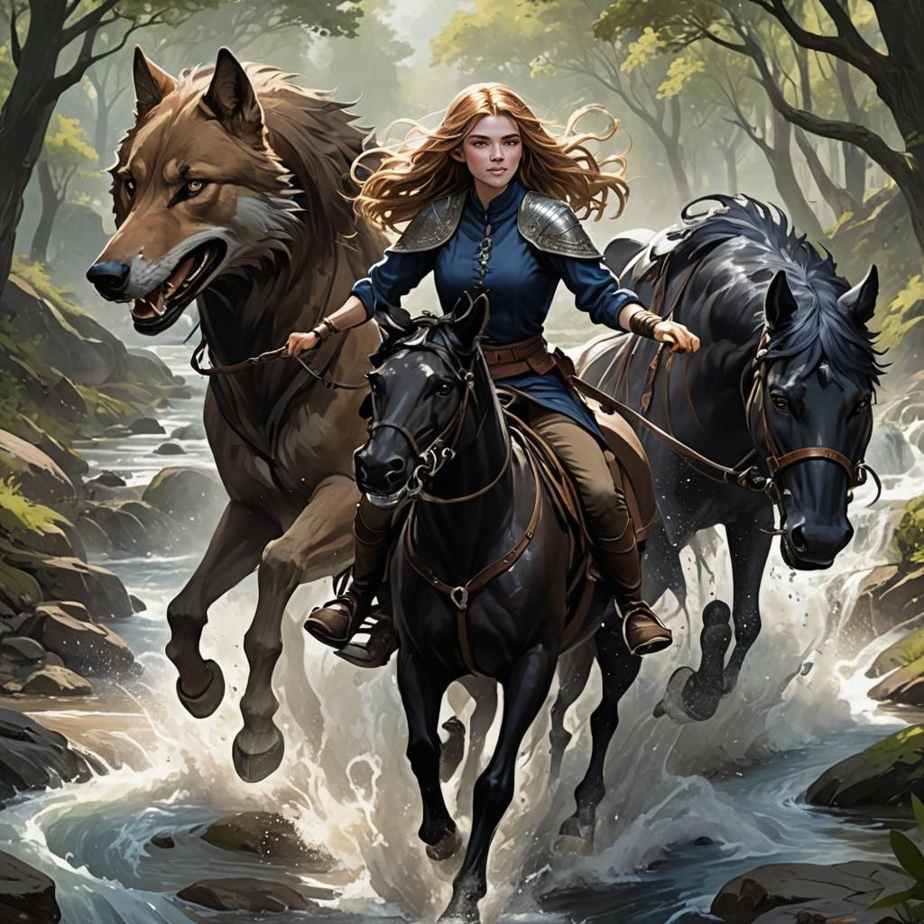 Girl Galloping on Wolf in Fantastical Landscape