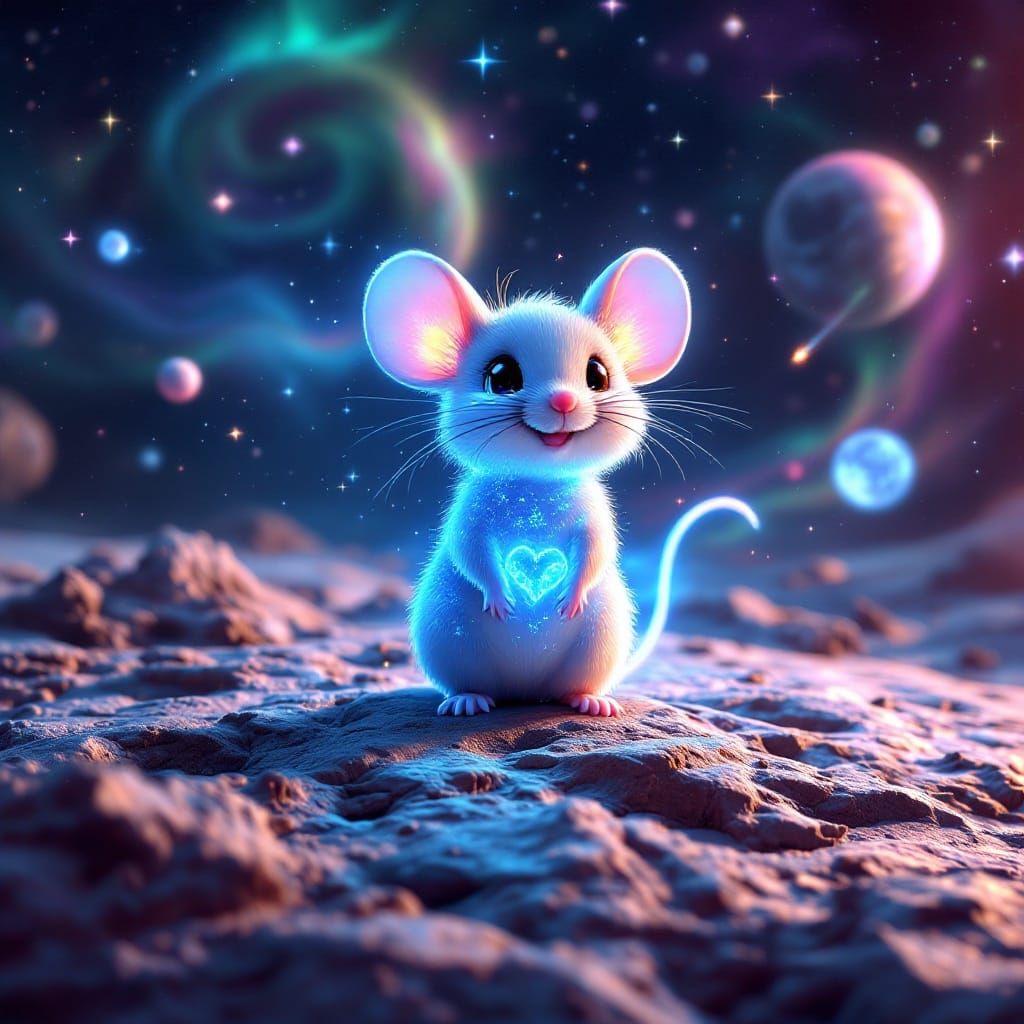 Holographic Chibi Mouse in Breathtaking Futuristic Landscape