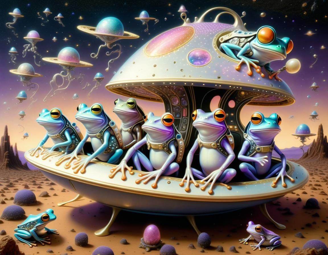 Iridescent Alien Frogs Navigate a Dreamlike Sky