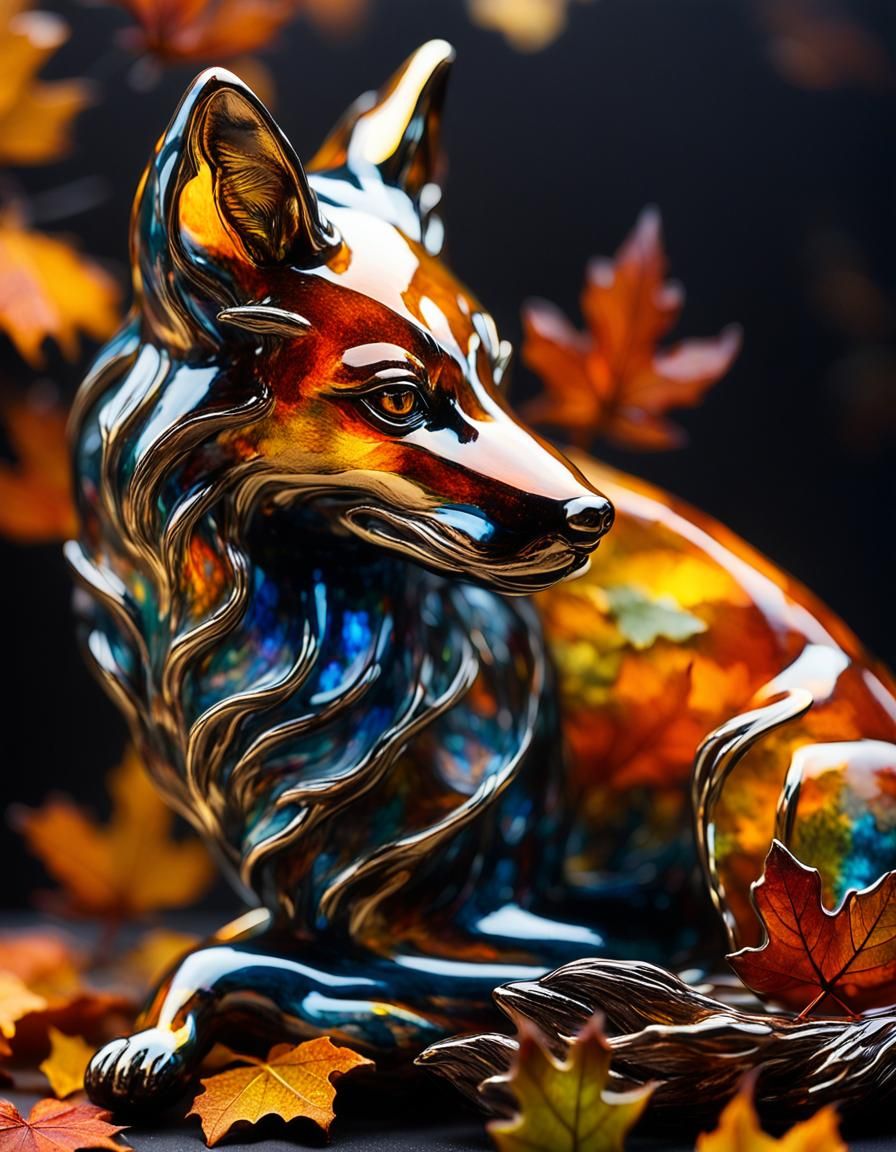 Glass Fox Sculpture with Autumn Leaves