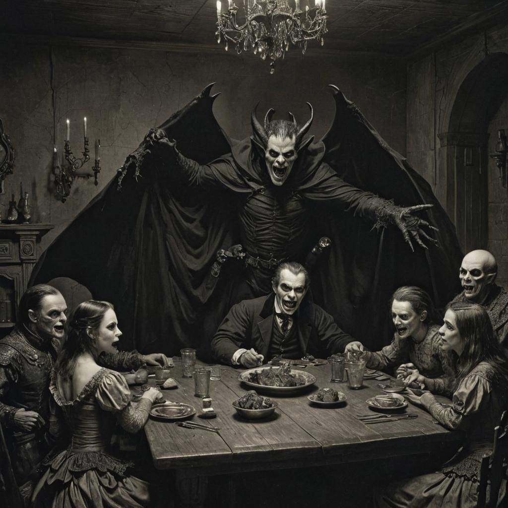 Draculas Dining: A Horror Scene in Doré-Rutkowski Style