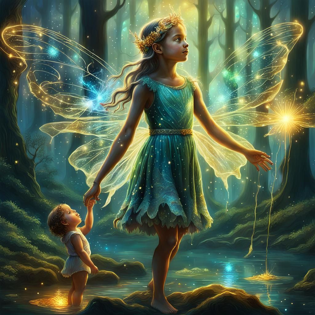 Mystical Forest Rescue: Fairy and Child in Astral Light