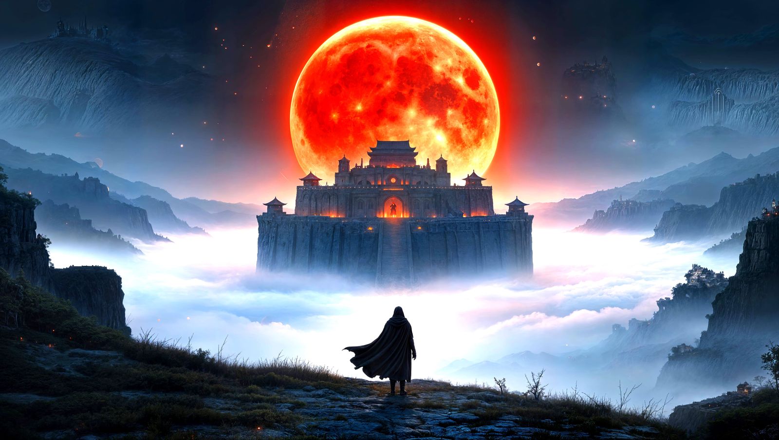 Blood Moon Illuminates Ancient Citadel in Dark Fantasy Lands...
