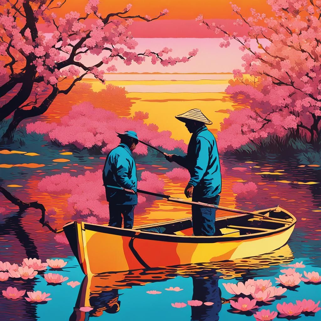 Fisherman Among Blossoms in Pop Art Style