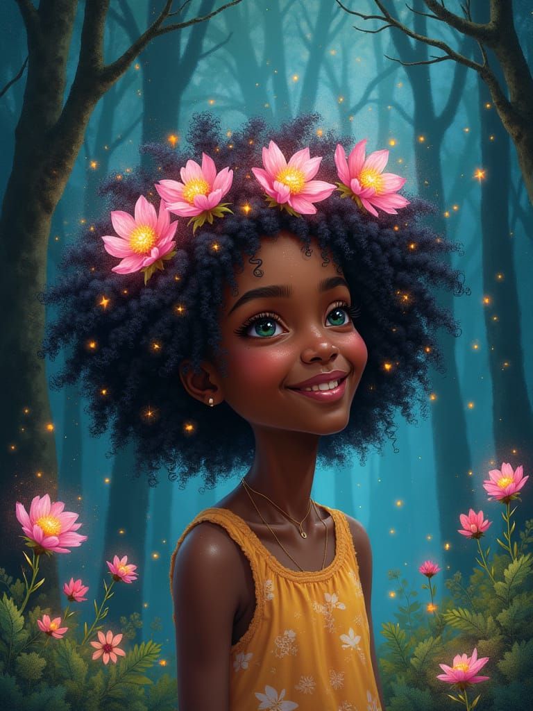 Joyful Girl with Glowing Flower Crown in Stardust Grove