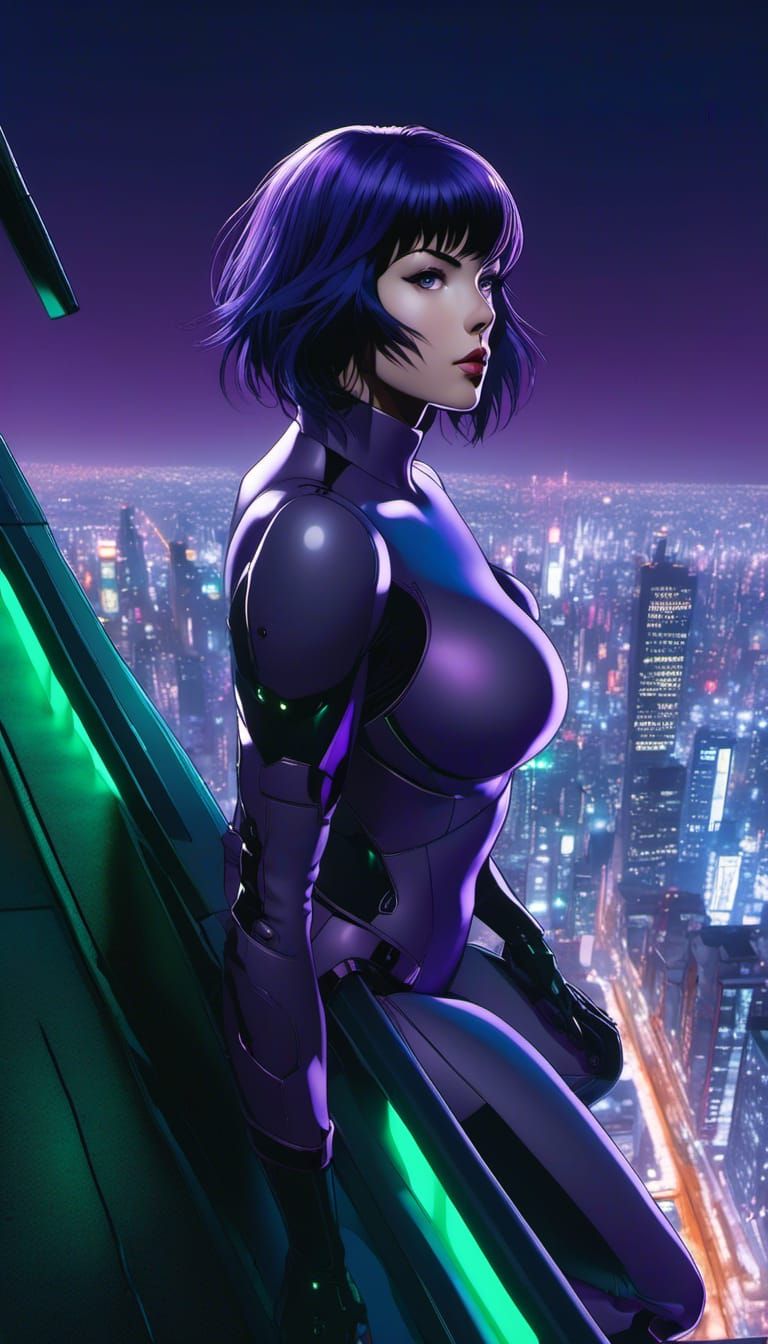 Ghost in the Shell Motoko Kusinagi in purple with green matte stealth bodysuit on building ledge at night. 8K resolution...