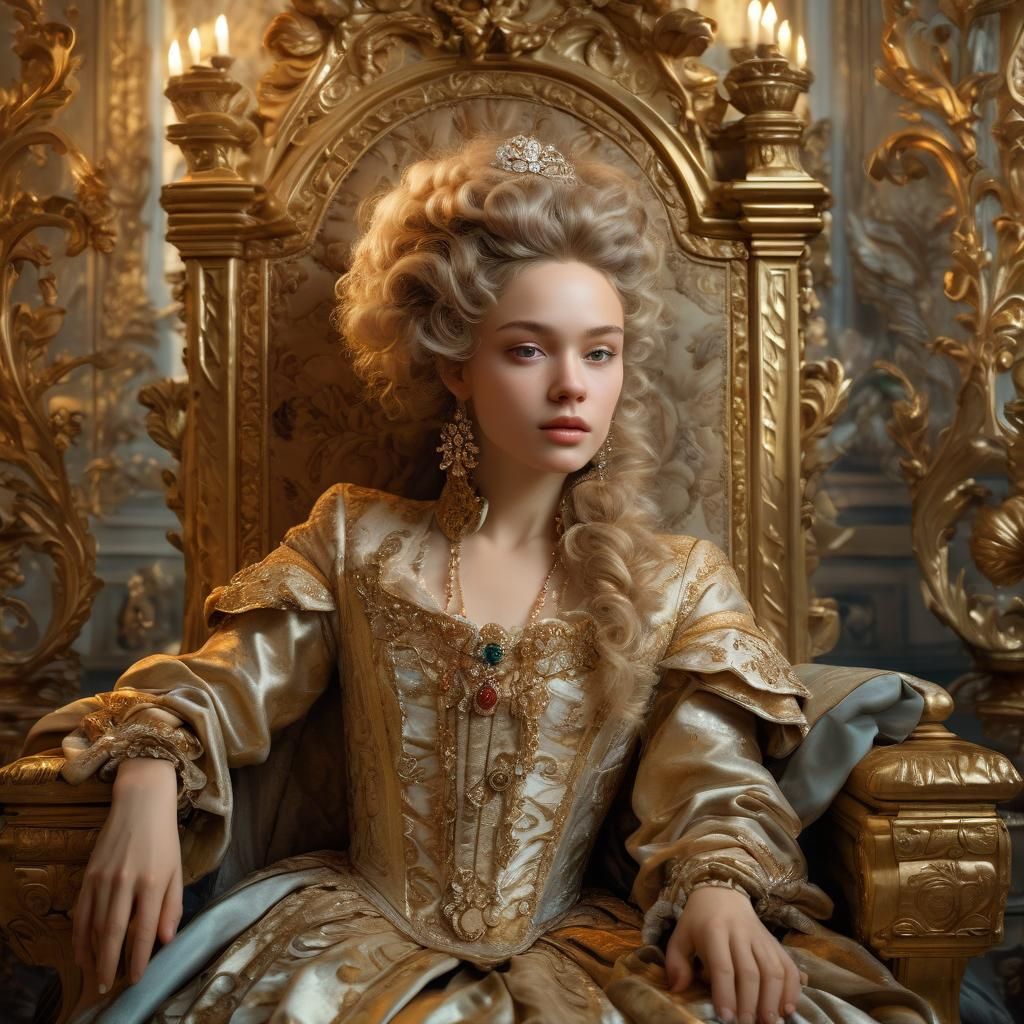 Elegant Woman Reigns in Lavish Baroque Throne