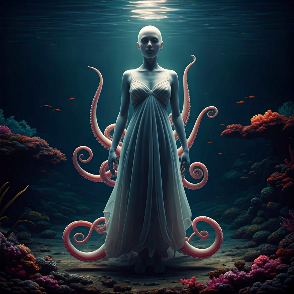 Underwater Ghost with Octopus Tentacles in Film-Noir Style