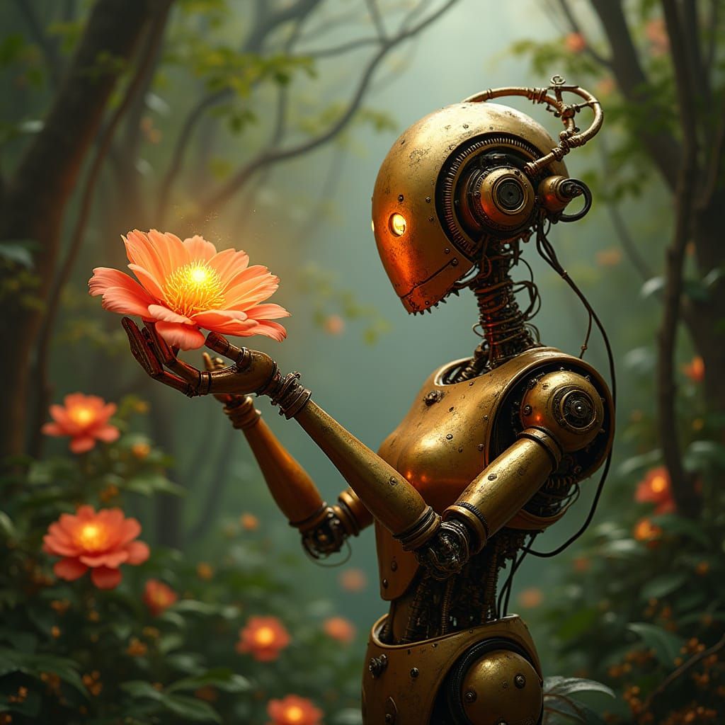 Steampunk Robot Assembling Bioluminescent Flowers