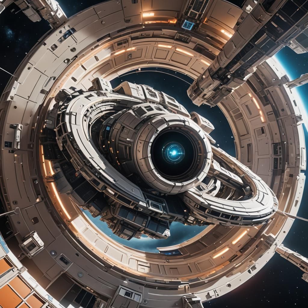 starship, docked at a space station, waiting in orbit