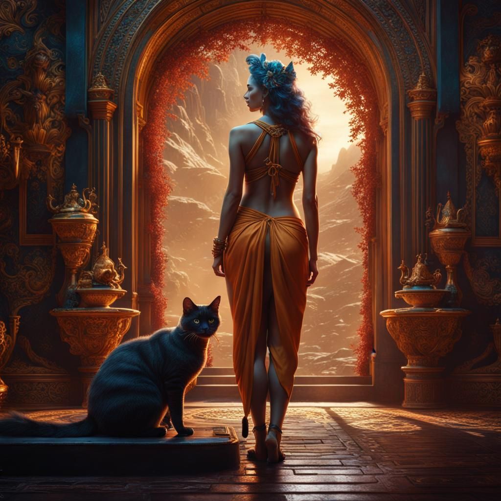 Nude Woman and Cat: Detailed Matte Painting