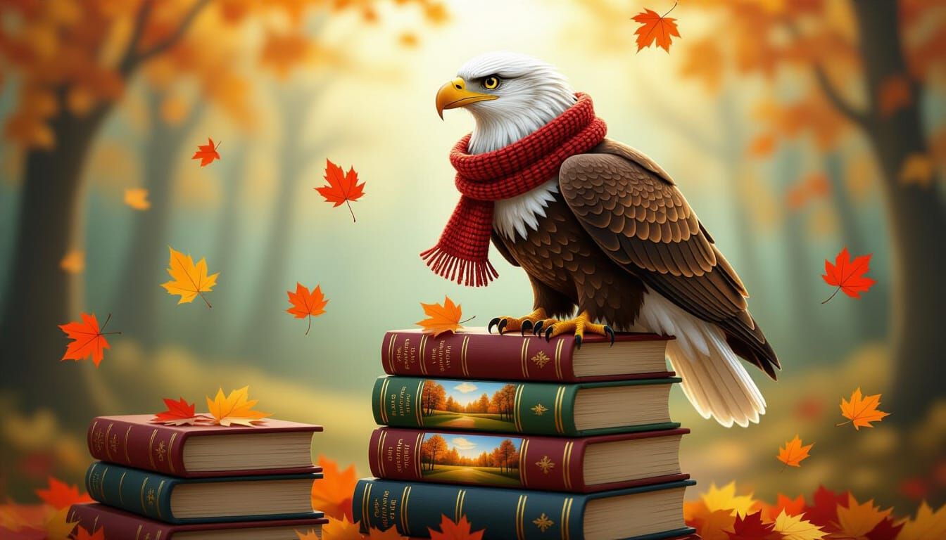 Anthropomorphic Eagle with Scarf on Books