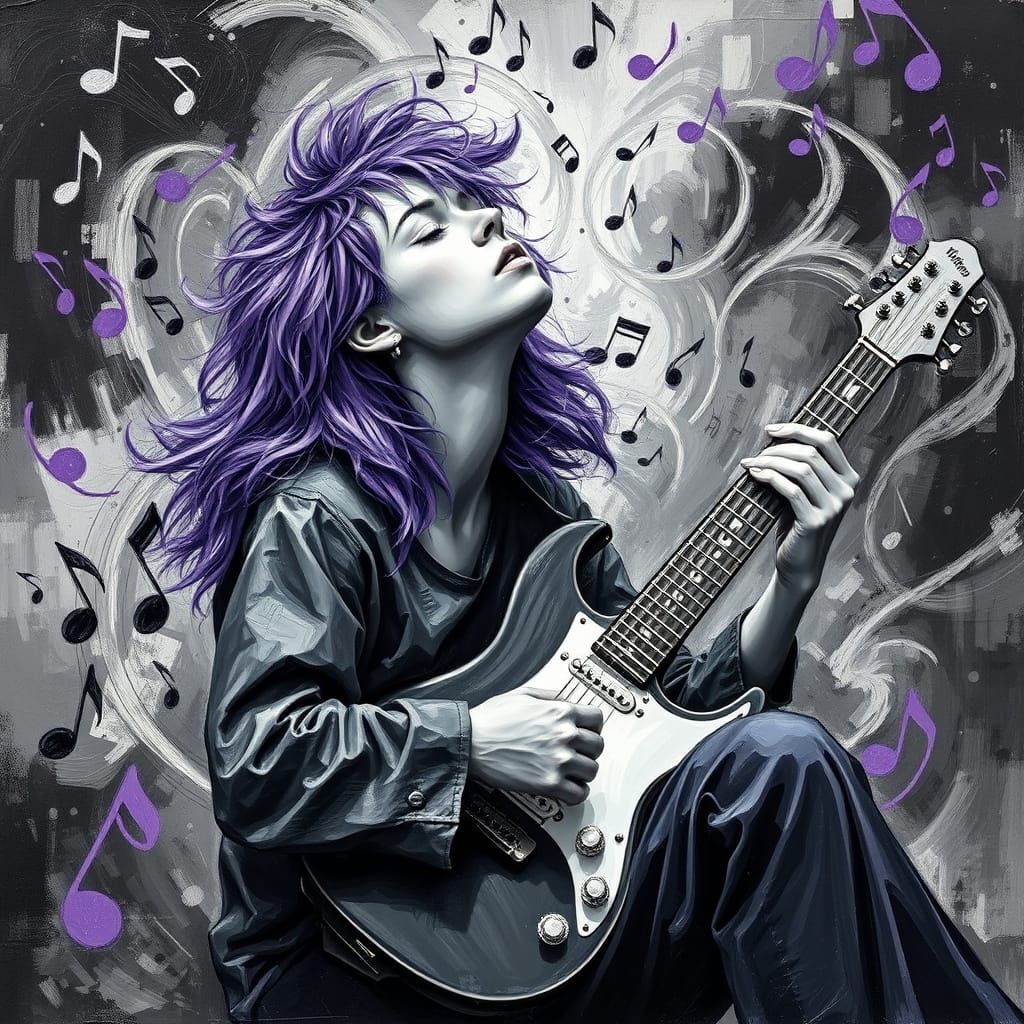 Guitarist in Trance: Gouache Painting with Impasto Texture