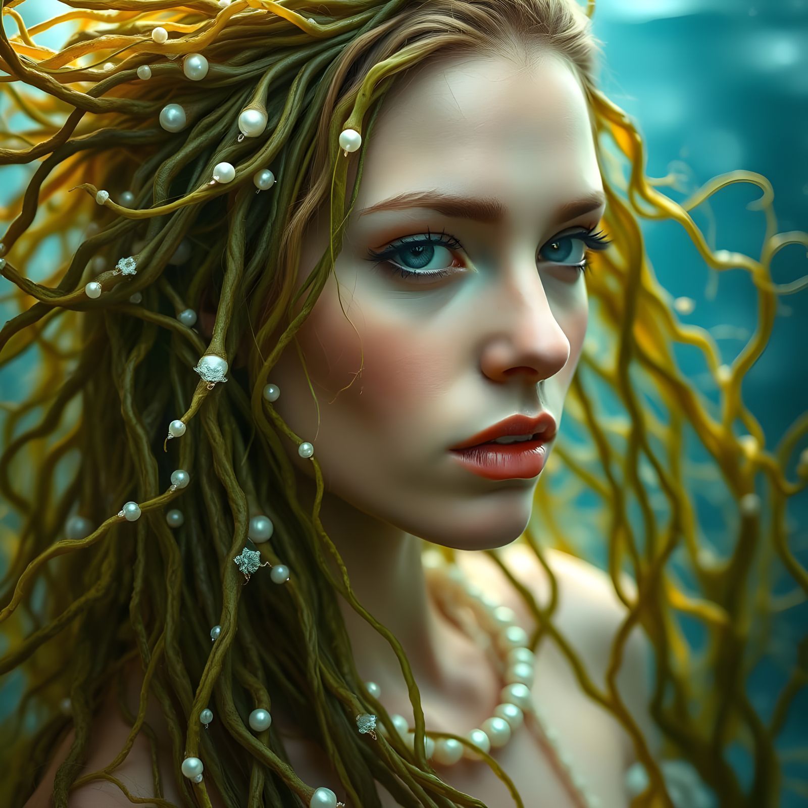 Enchanting Deep Sea Siren with Seaweed Hair and Pearls