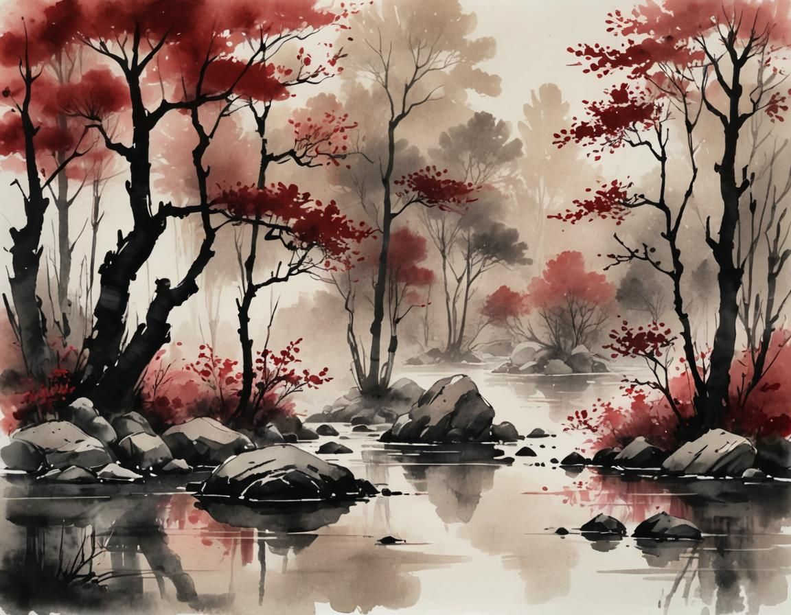 Chinese Ink Landscape with Red and Black Hues