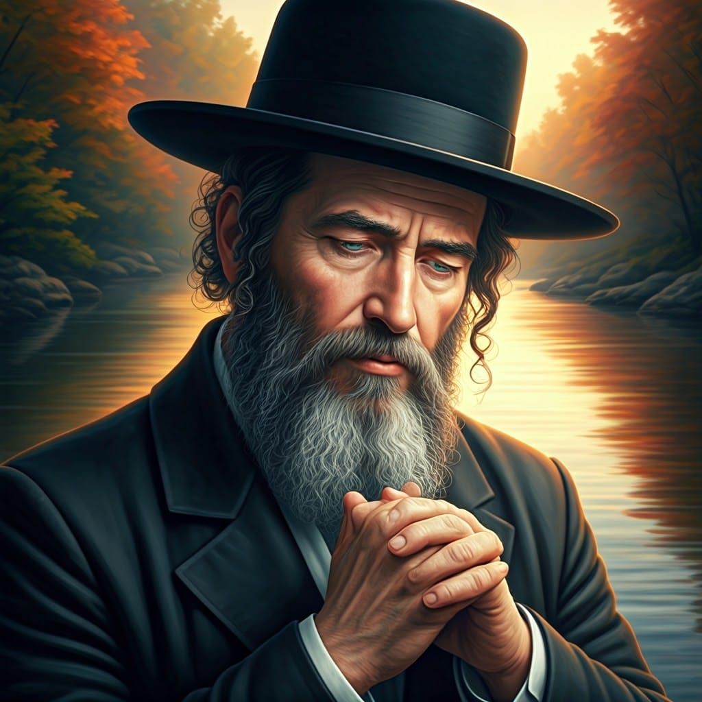 Hasidic Rebbe in Prayer by River, Hyperrealistic Render