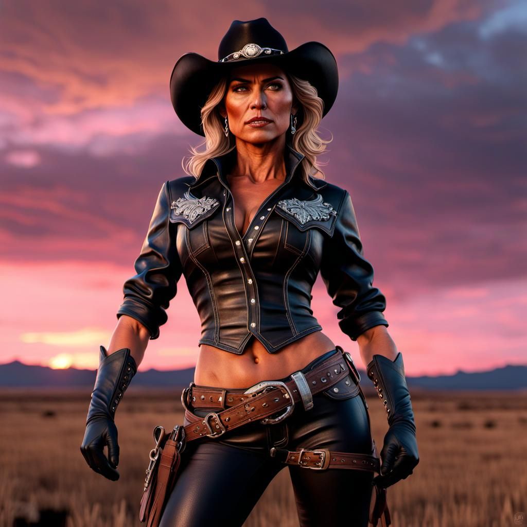 Gritty Cowgirl in Open Field at Sunset