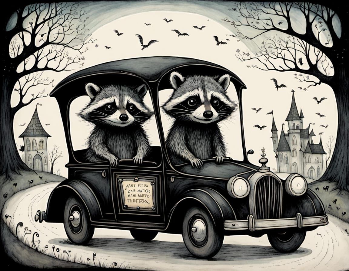 Raccoon Drives Hearse: Gothic Whimsical Illustration
