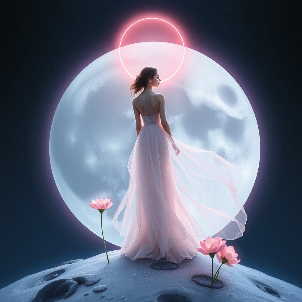 Ethereal Woman on Moon in Dreamlike Setting