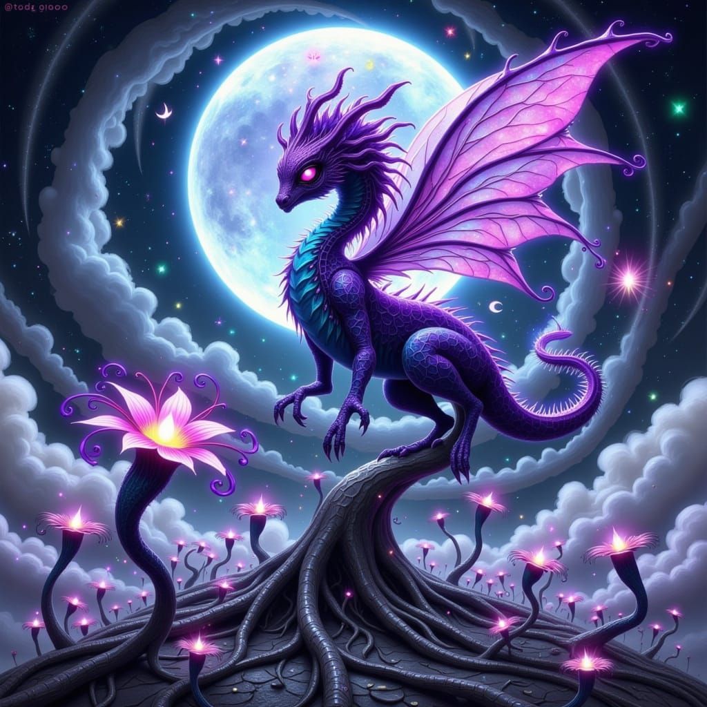 Majestic Indigo-Purple Fae Ascending Amidst Dreamlike Landsc...