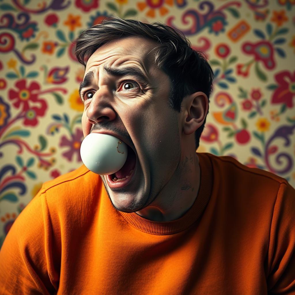 Man Choking on Egg in Hyperrealistic Digital Art