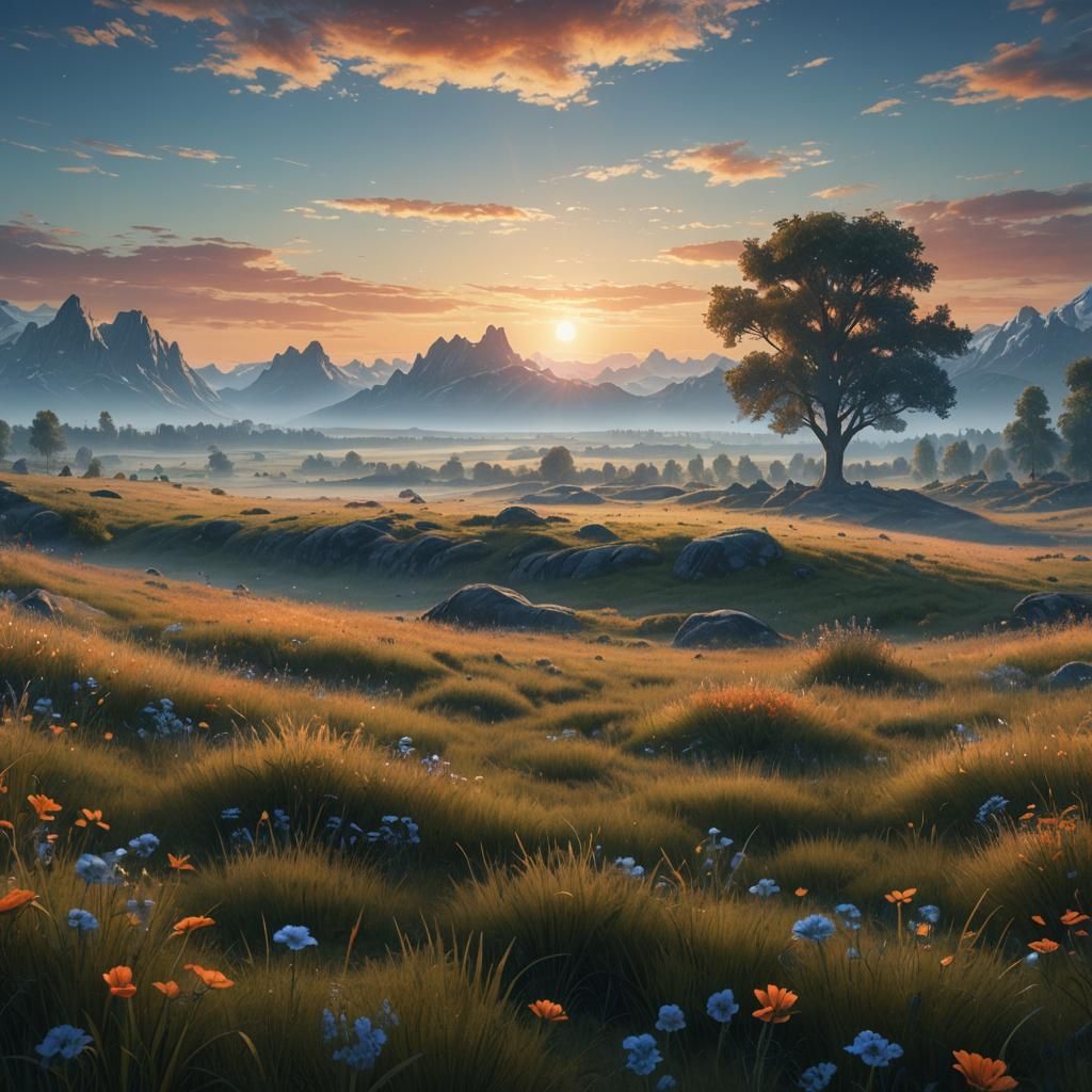 Horizon Light Over Meadow: Vibrant Digital Art