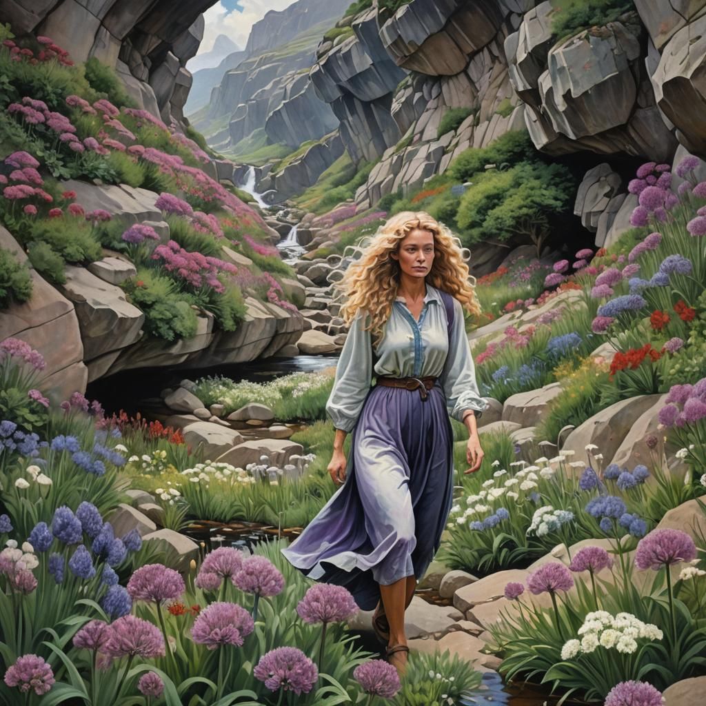 Woman Walking Through Valley of Flowers