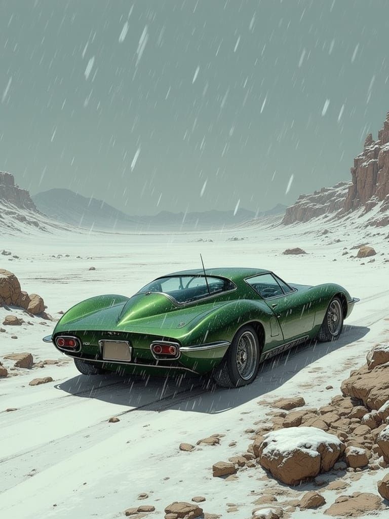 Futuristic Green Concept Car in Blizzard Snow