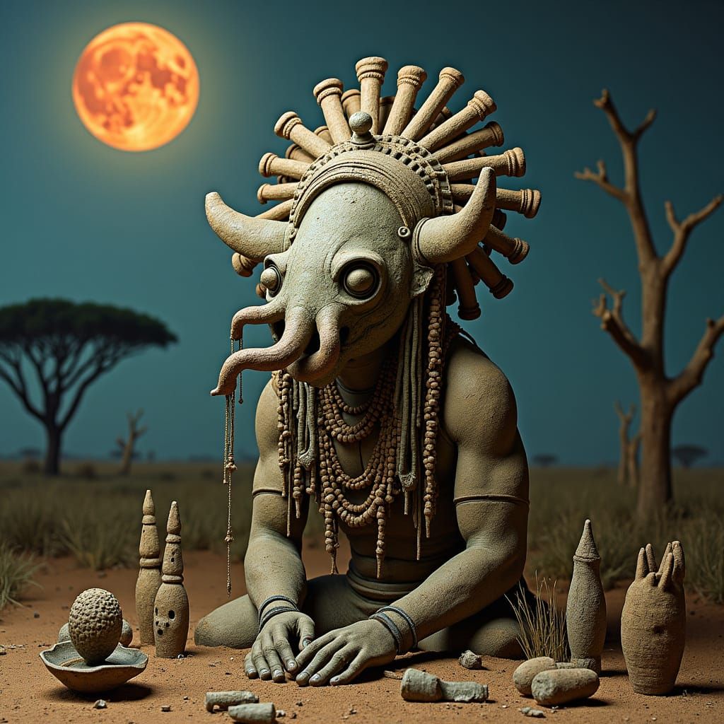 Tribal Stone Warrior with Octopus Mask in Surrealist Style