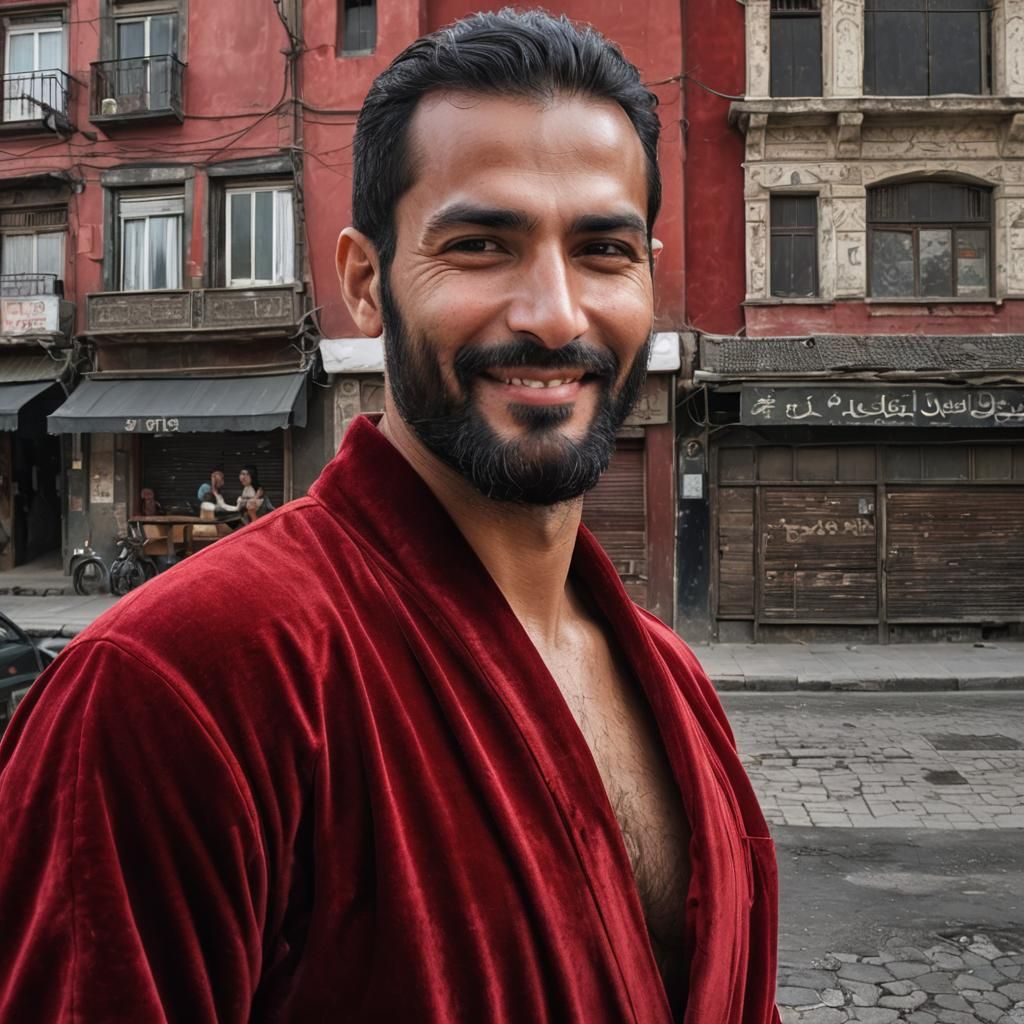 Handsome Man in Red Velvet Bathrobe Portrait