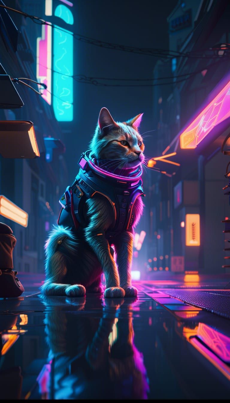 Cyberpunk Cat Rides Dog Through Neon City