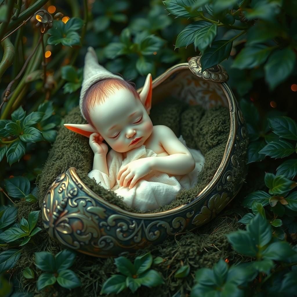 Baby Elf Asleep in Secret Garden