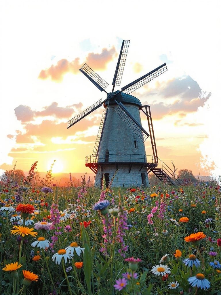 Fairytale Windmill at Sunset in Vibrant Watercolor Style