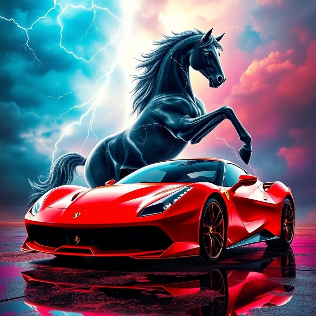 Double exposure. A red Ferrari supercar, lightning flashing in the sky, transparent black horse rearing up