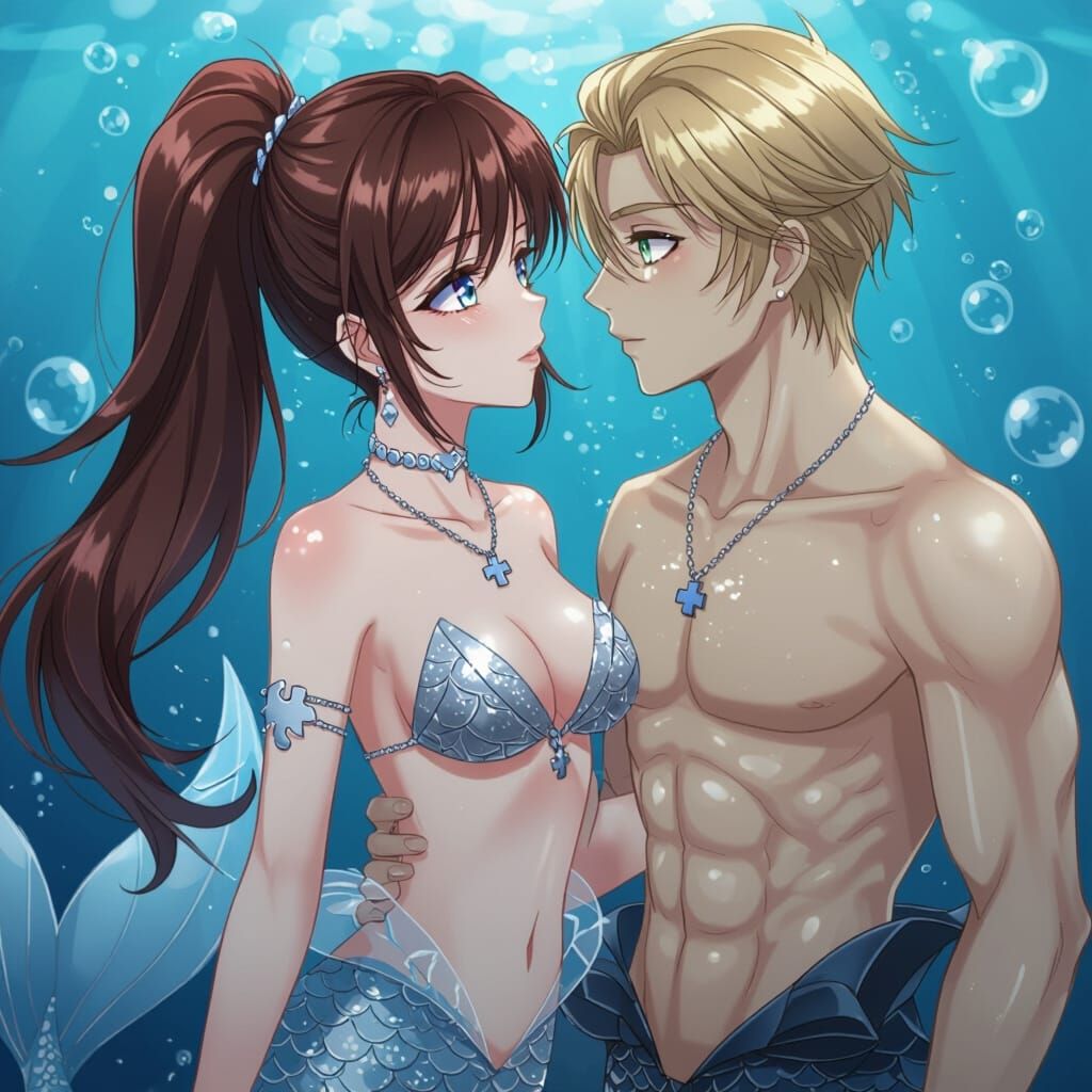 Anime Merman and Mermaid Kissing Underwater