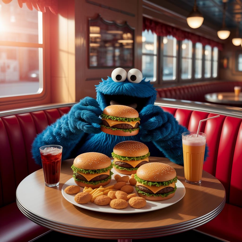 Cookie Monster's Burger Feast in Americana Style