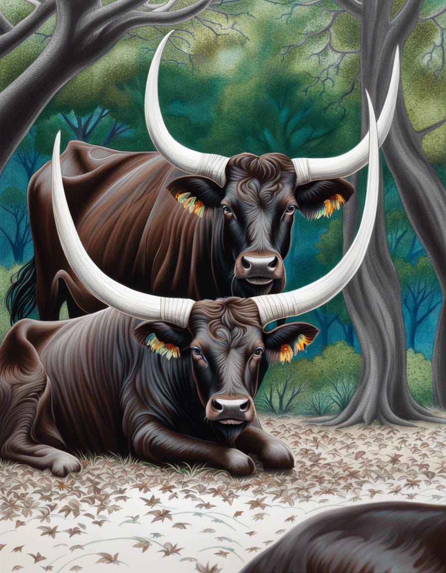 Shimmering Ankole Cattle Charcoal Drawing