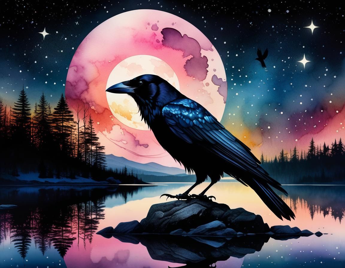 Crow on Rock Double Exposure Watercolor Art