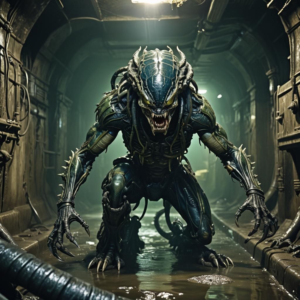 Predator-Xenomorph-Venom Hybrid in Grimy NYC Sewer