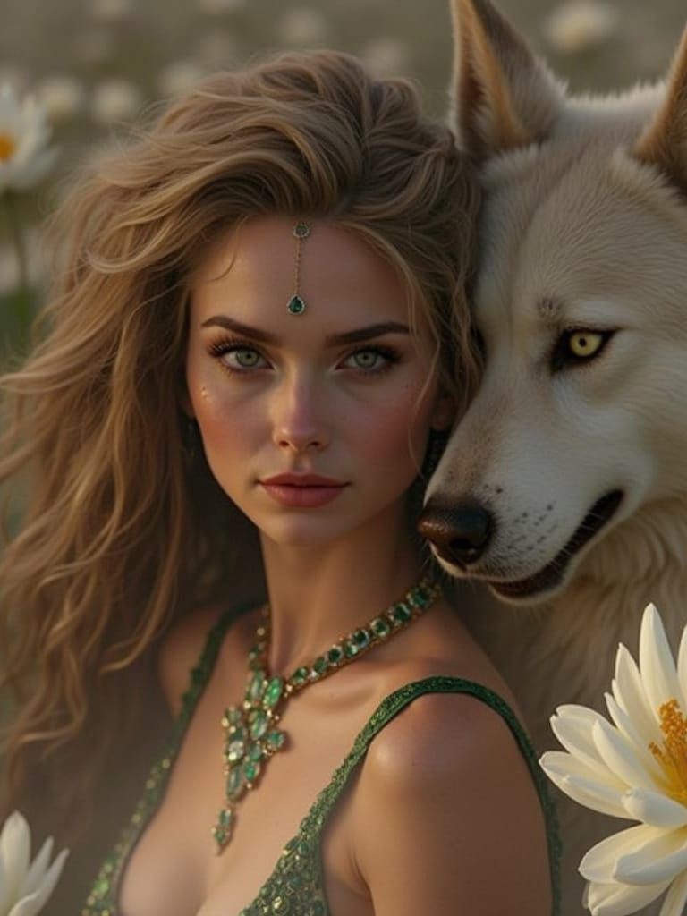Woman in Green Dress with Husky by Glowing Lotus Flowers