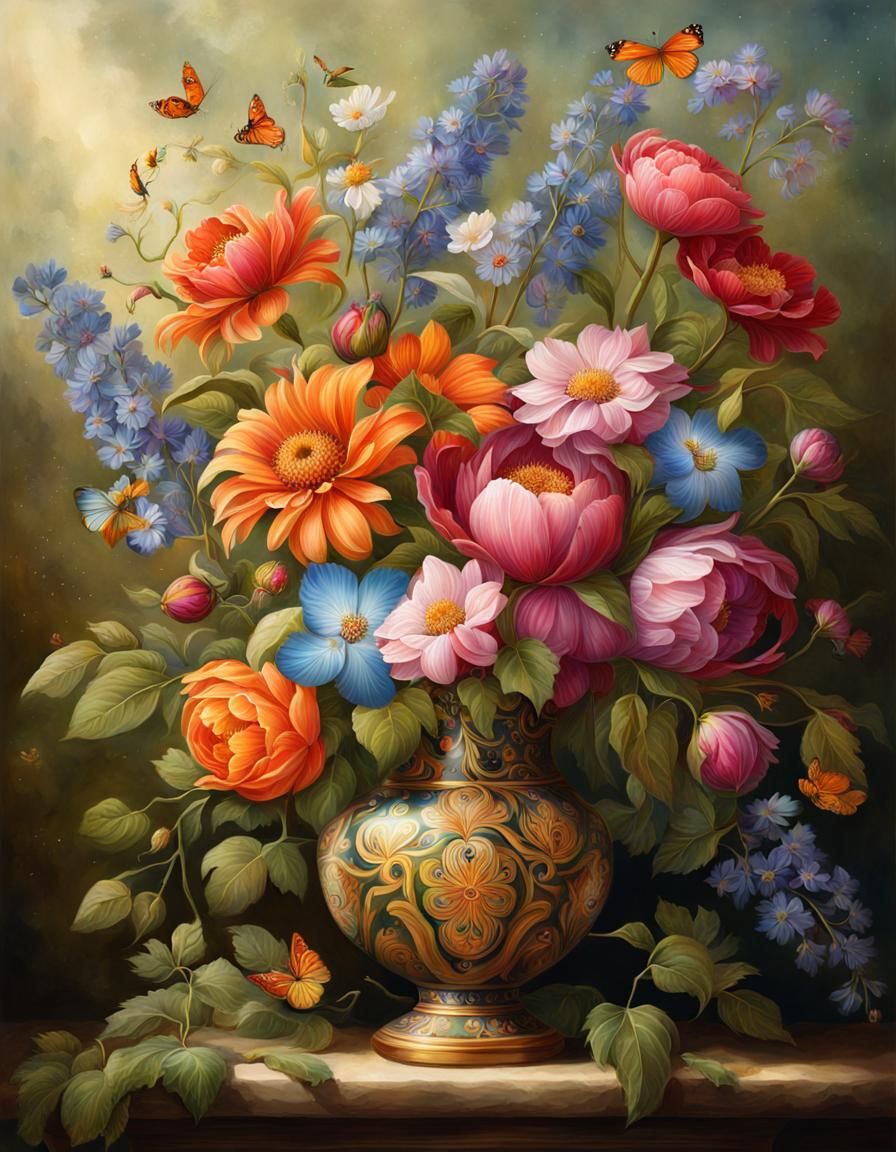 Magical Floral Bouquet in Vase: Storybook Illustration