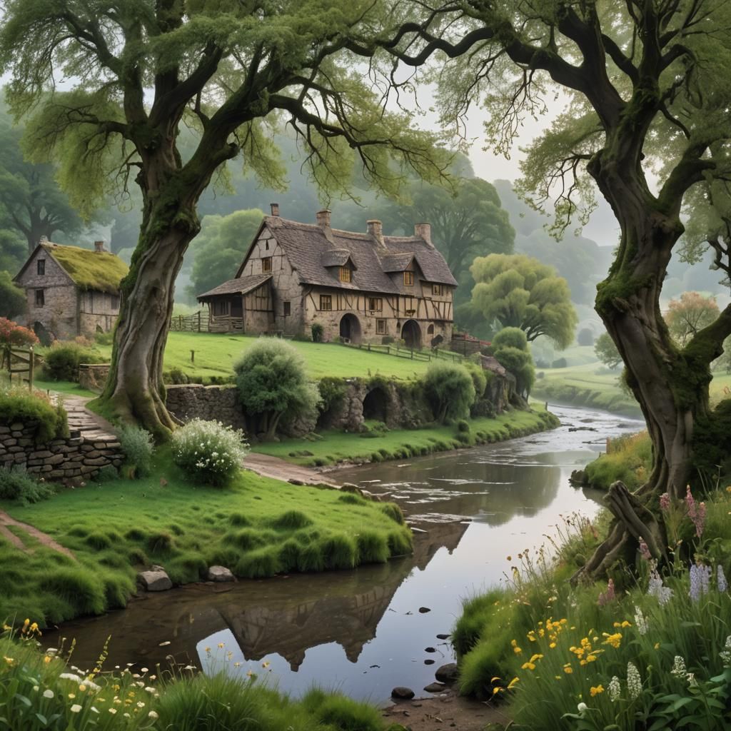 Medieval Valley Inn at Dawn, Hyperrealistic Fantasy Art