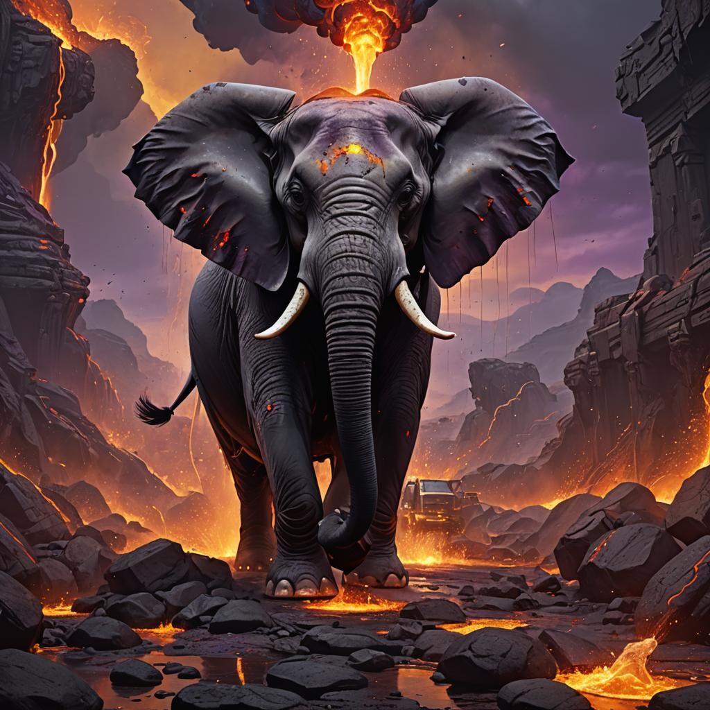 Lava-Spraying Elephant in Dark Fantasy Style