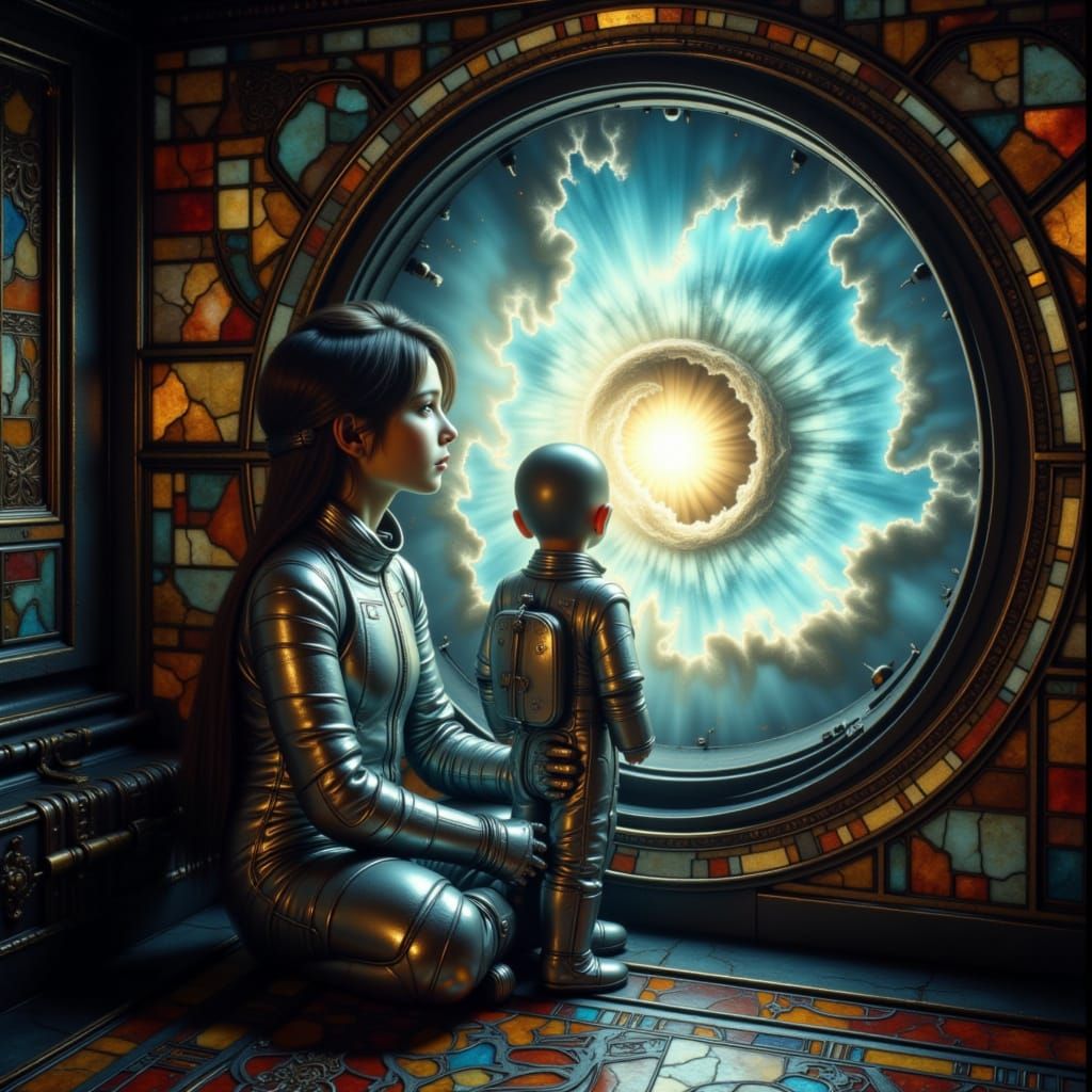 Child in Futuristic Spacesuit Gazes at Nebula