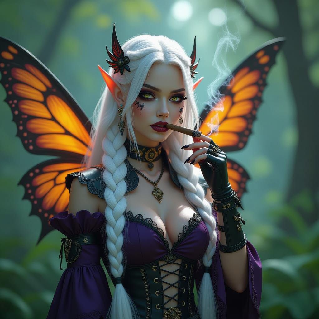 Punk Goth Fairy Smoking Cigar, Dark Fantasy Concept Art