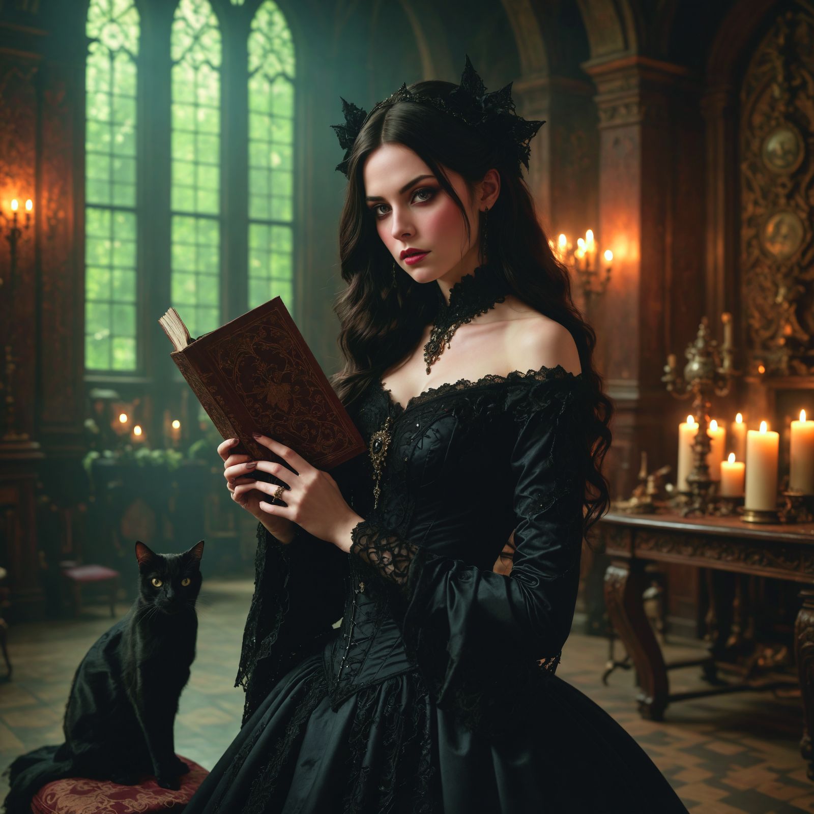 Victorian Witch and Black Cat in Gothic Home