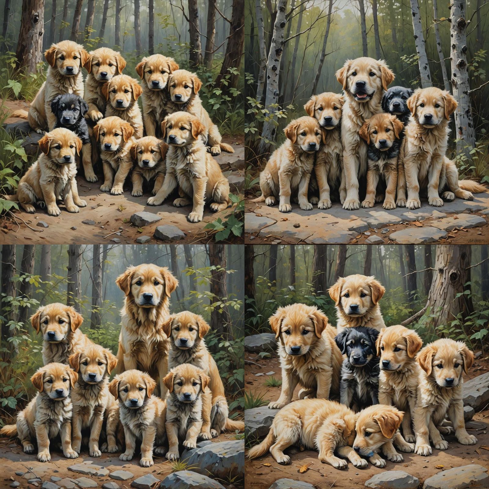 Golden Retriever Wolf Hybrid Puppies as Oil Painting