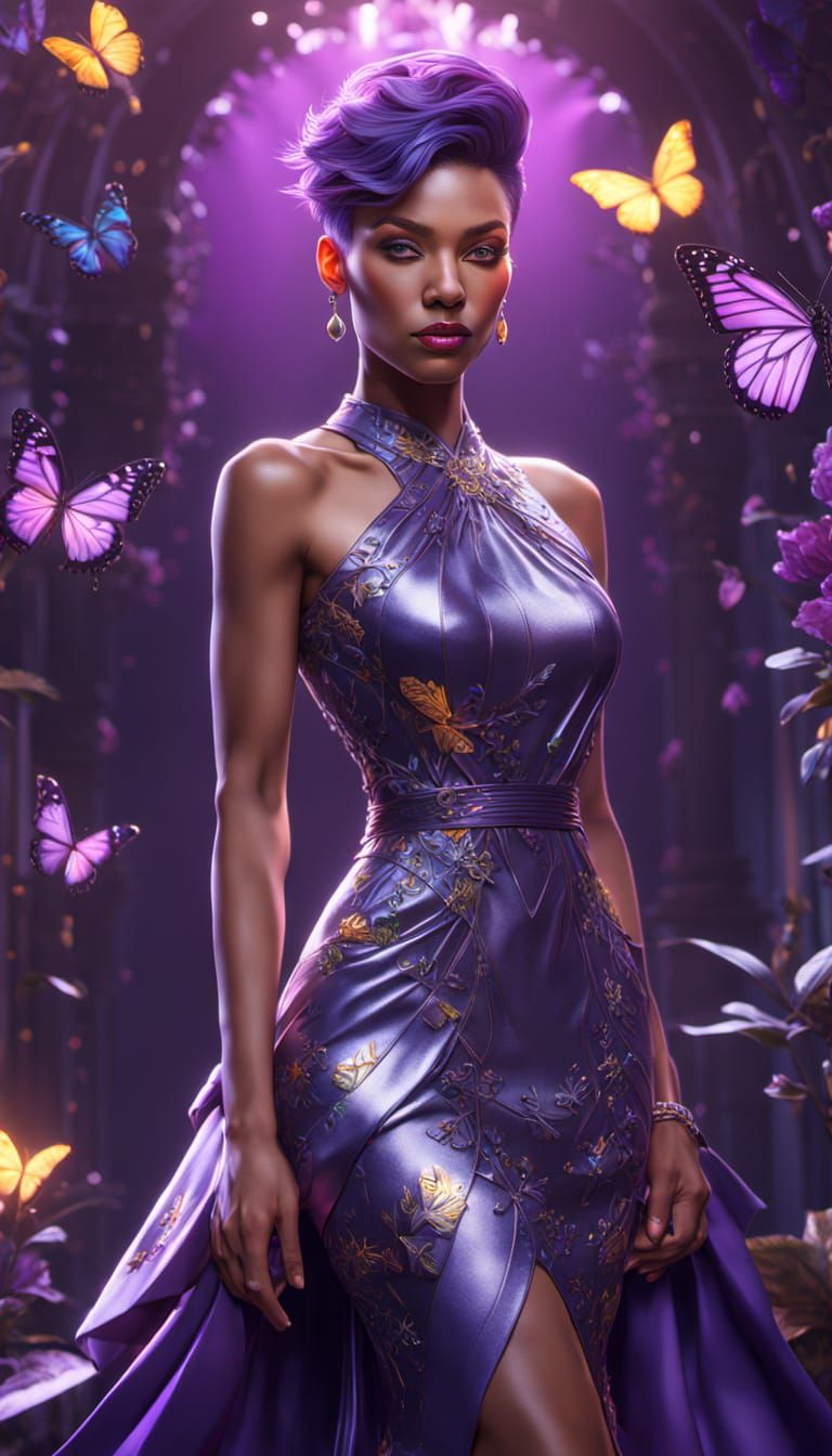 Elegant Woman with Vibrant Purple Hair and Flowers